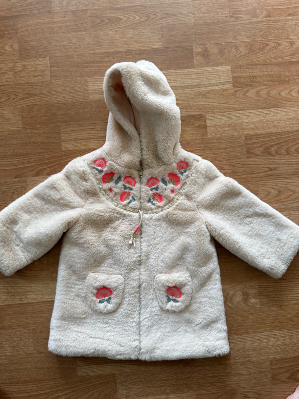 Little Girls Faux-Fur Hooked Coat with Pink Floral Embroidery - Kids